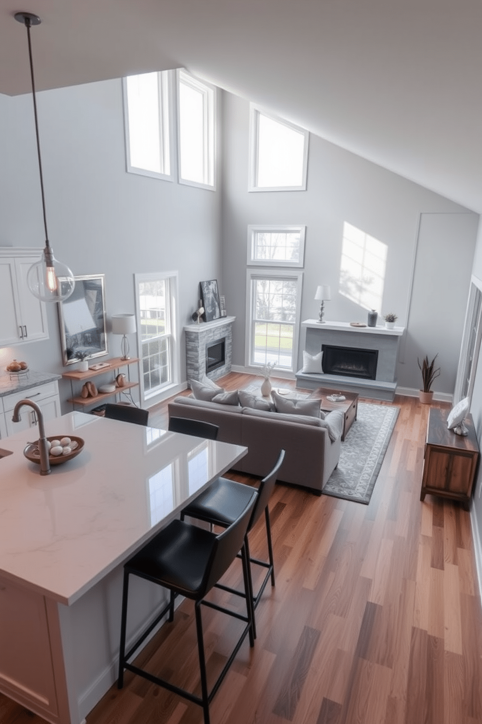 A cozy kitchen family room combo featuring an open layout. The kitchen has a large island with sleek quartz countertops, surrounded by stylish bar stools for casual dining. The family room is designed with a plush sectional sofa facing a modern fireplace, creating a warm gathering space. Large windows flood the area with natural light, highlighting the harmonious color palette of soft grays and warm wood tones.