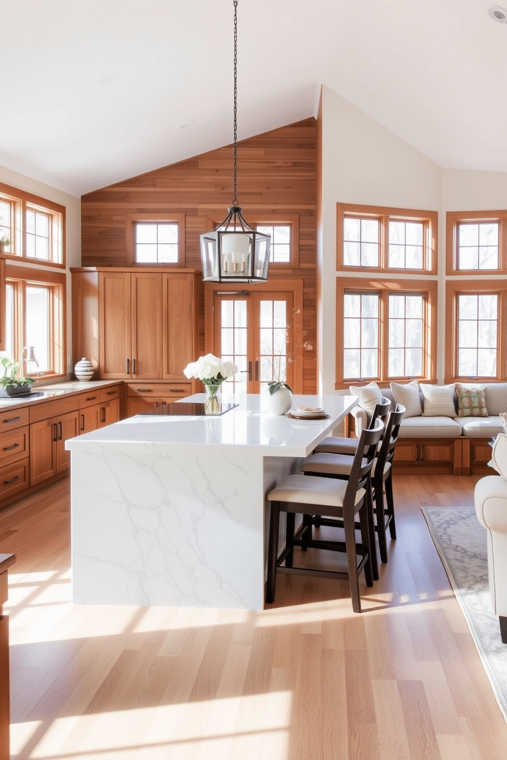 A cozy kitchen family room combo that seamlessly integrates functionality and style. The space features a large island with a waterfall countertop, surrounded by high-backed stools, while a built-in bench with plush cushions lines one wall, providing a perfect spot for casual dining or lounging. Natural light floods the room through expansive windows, highlighting the warm wood tones and soft neutral palette. A contemporary chandelier hangs above the island, and an inviting area rug defines the seating area, which includes a sectional sofa and a coffee table for family gatherings.