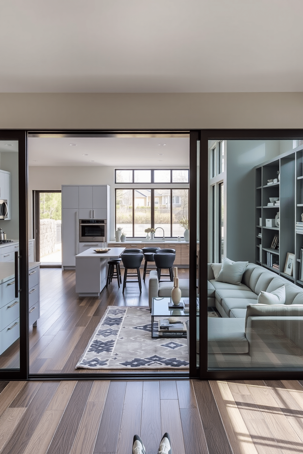 A modern kitchen and family room combo featuring sleek sliding doors that seamlessly connect the two spaces, allowing for an open and airy feel. The kitchen boasts a large island with bar seating, complemented by contemporary cabinetry in a soft gray finish and stainless steel appliances. In the family room, a cozy sectional sofa is arranged around a stylish coffee table, with a statement rug anchoring the space. Large windows provide ample natural light, and a built-in bookshelf adds character while displaying decorative items and family photos.