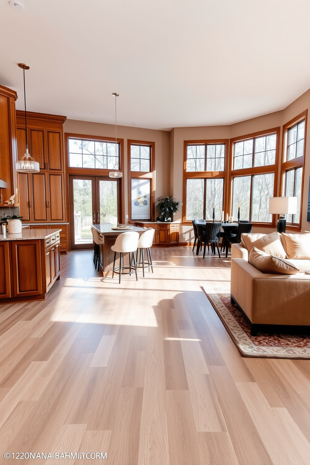 A harmonious kitchen and family room combo features an open layout with seamless flooring that flows throughout both spaces. The kitchen showcases a large island with bar seating, while the family room includes a cozy sectional sofa and a modern coffee table, creating an inviting atmosphere for family gatherings. Natural light floods the area through large windows, enhancing the warm tones of the wooden cabinetry and the soft textures of the furnishings. Decorative elements, such as plants and artwork, are strategically placed to add personality and charm to the combined space.