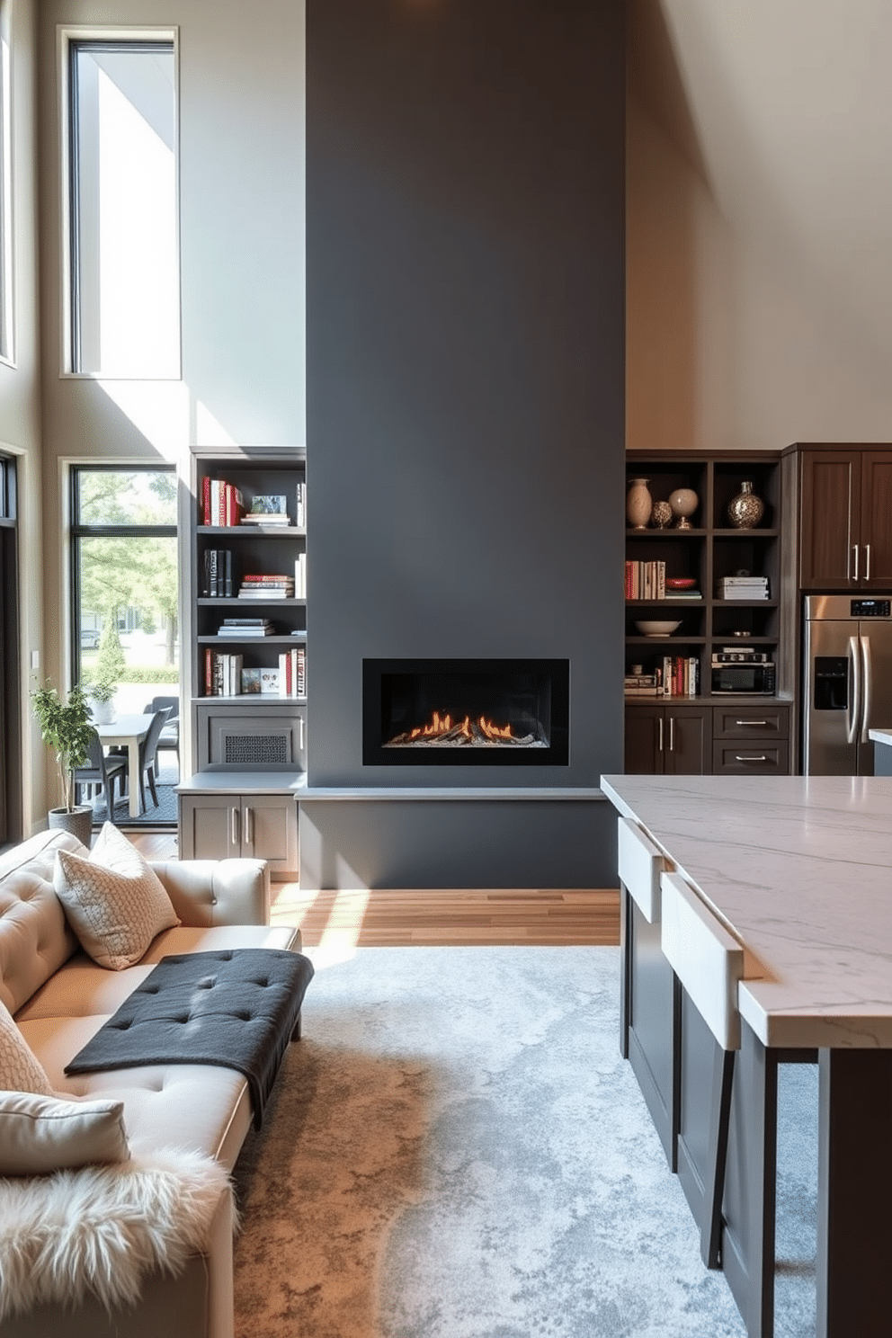 A cozy kitchen family room combo features a sleek, modern fireplace as a focal point, surrounded by elegant built-in shelving that showcases books and decorative items. The space is designed with an open layout, allowing natural light to flood in through large windows, while plush seating invites family gatherings around the warmth of the fire. The kitchen boasts a large island with bar seating, complemented by high-end appliances and stylish cabinetry that blends seamlessly with the family room decor. Warm tones and soft textures create an inviting atmosphere, perfect for both cooking and entertaining.