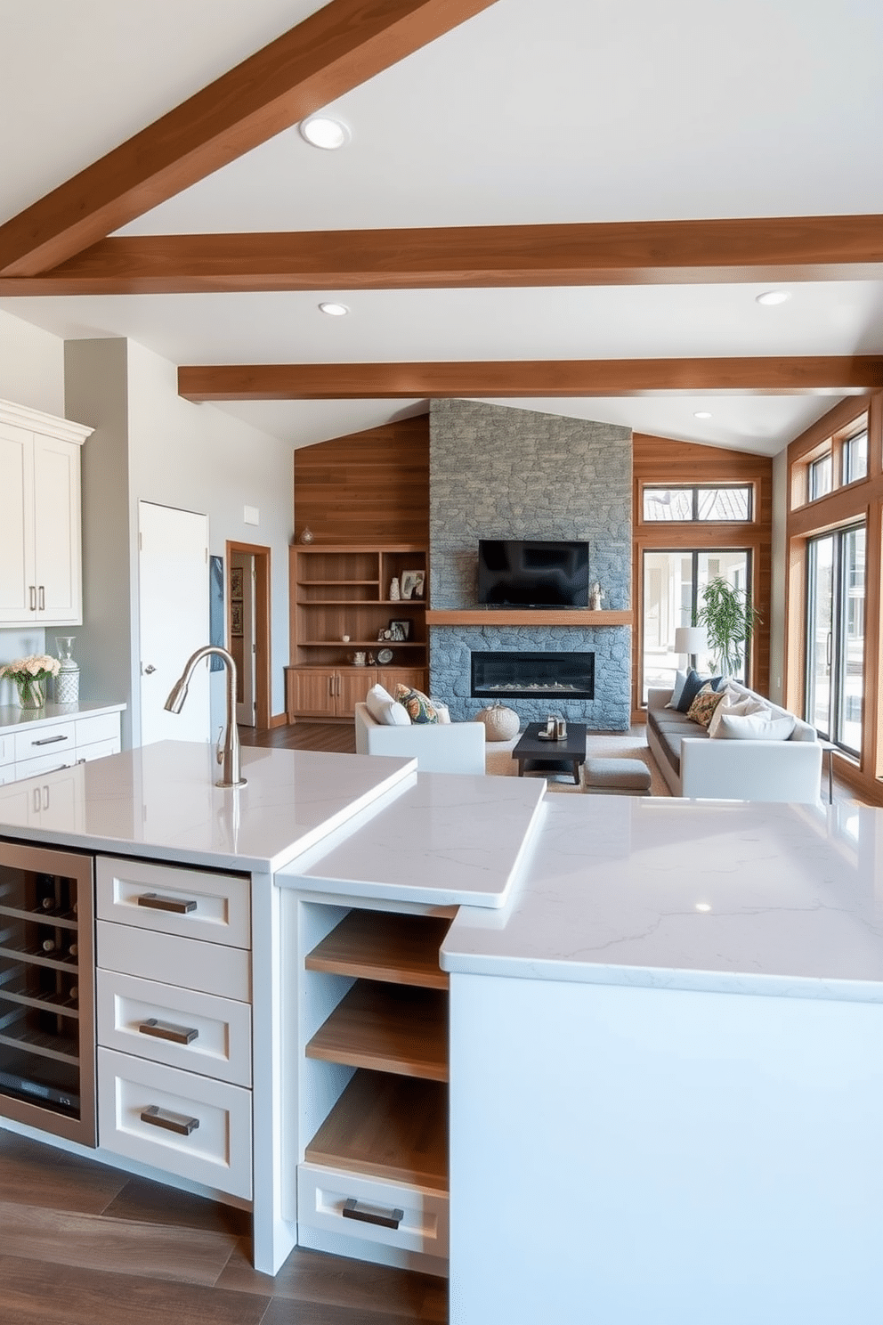 A modern multi-functional kitchen island features a sleek quartz countertop with integrated seating for four. Below the countertop, ample storage includes deep drawers and open shelves, while a built-in wine cooler adds a touch of luxury. The family room seamlessly blends with the kitchen, showcasing a cozy sectional sofa facing a contemporary fireplace. Large windows allow natural light to flood the space, highlighting the warm wood tones and soft, neutral color palette throughout.