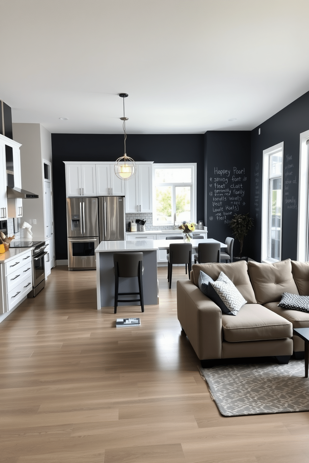 A modern kitchen and family room combo featuring a chalkboard wall for notes. The kitchen boasts sleek, white cabinetry with stainless steel appliances and a large island with bar seating, while the family room includes a cozy sectional sofa and a stylish coffee table. The chalkboard wall is painted in matte black, providing a functional and creative space for family messages and reminders. Soft pendant lighting hangs above the island, and large windows allow natural light to fill the space, enhancing the open-concept design.