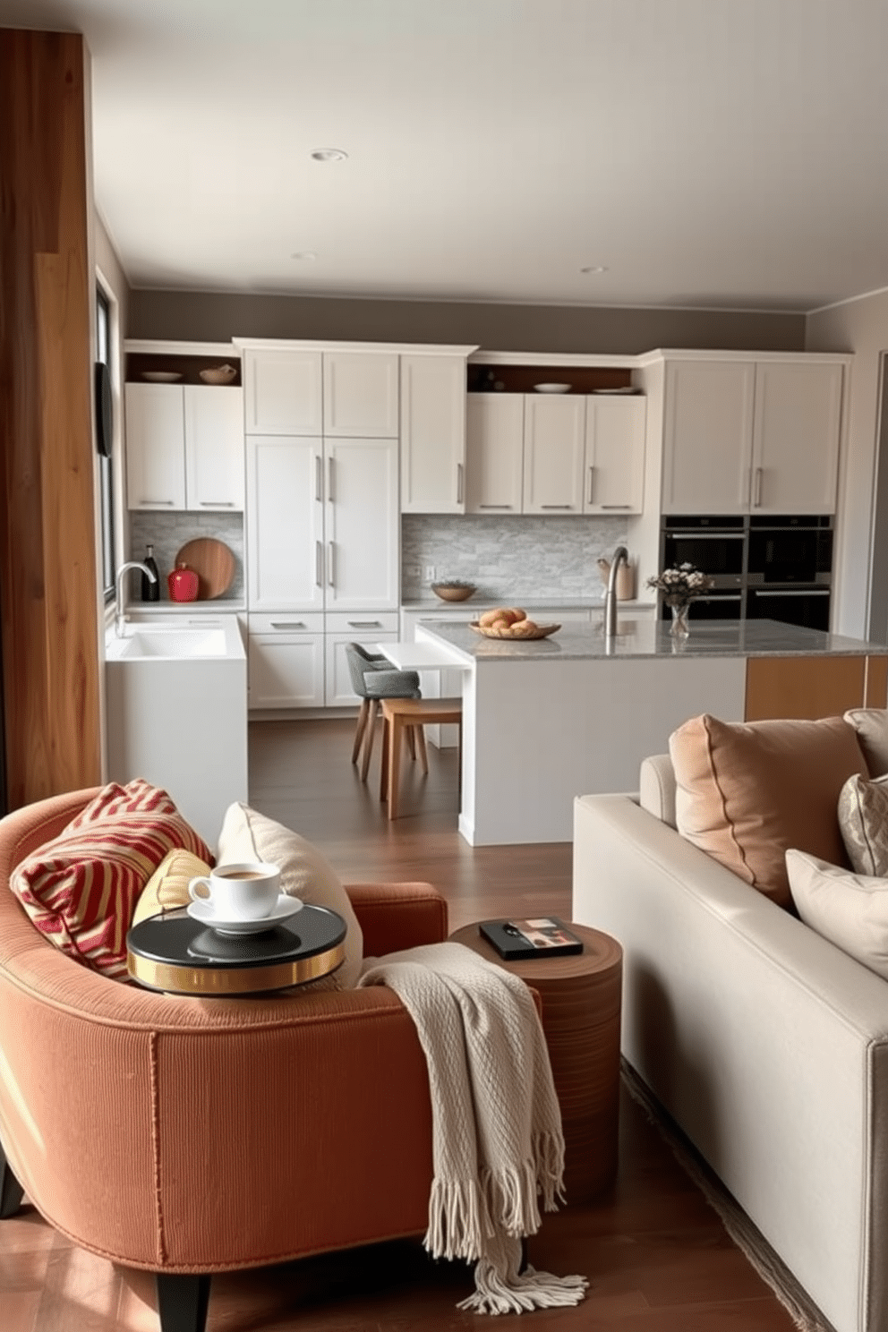 A cozy corner features a plush armchair layered with colorful cushions, inviting relaxation. A small side table holds a steaming cup of tea, while a soft throw blanket drapes over the armrest, enhancing the warmth of the space. The kitchen and family room combo showcases an open layout with a large island that doubles as a breakfast bar. Sleek cabinetry in a soft white contrasts with rich wooden accents, while a comfortable sectional sofa creates a welcoming gathering space nearby.