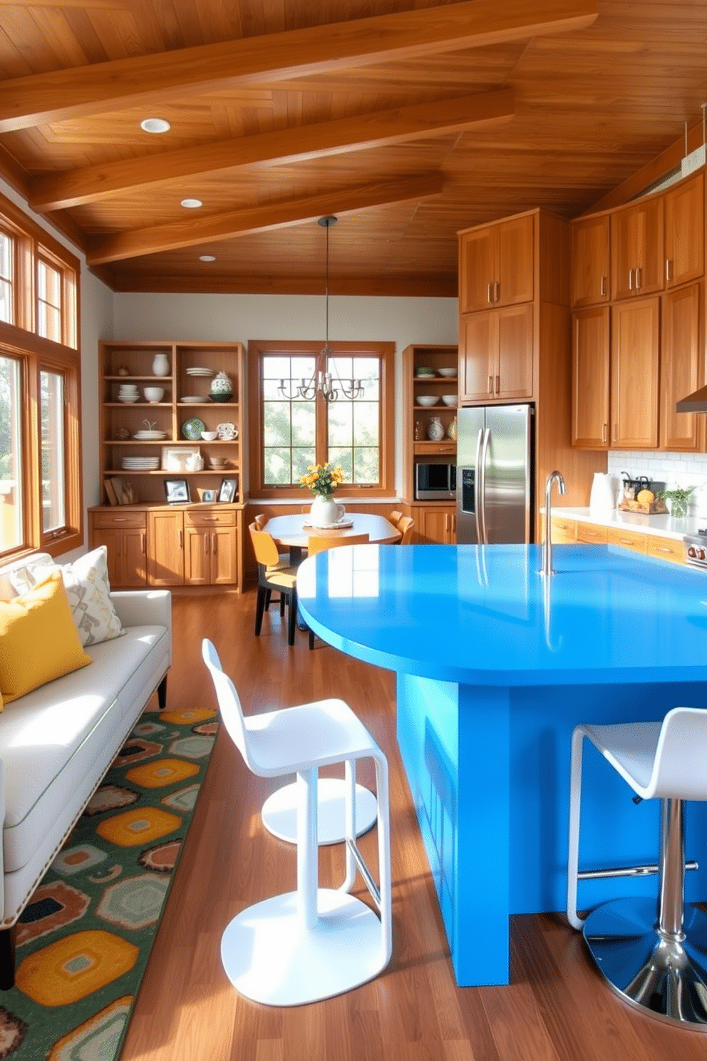 A vibrant kitchen family room combo that seamlessly blends functionality and style. The space features a large island with a bright blue countertop, surrounded by sleek white bar stools. On one side, a cozy seating area is adorned with a colorful area rug and throw pillows in various shades of yellow and green. Large windows allow natural light to flood the room, highlighting the warm wooden cabinetry and open shelving filled with decorative dishware.