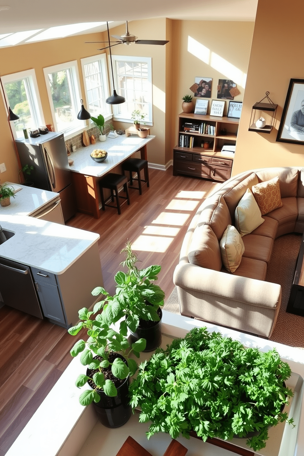 A cozy kitchen and family room combo featuring an open layout with natural light streaming through large windows. The kitchen has a central island with bar seating, quartz countertops, and modern stainless steel appliances, while the family room includes a plush sectional sofa and a stylish coffee table. In one corner, a small indoor herb garden thrives on a windowsill, with pots of basil, rosemary, and thyme adding a touch of greenery. The walls are painted in soft, warm tones, and decorative shelving displays cookbooks and family photos, creating a welcoming atmosphere.