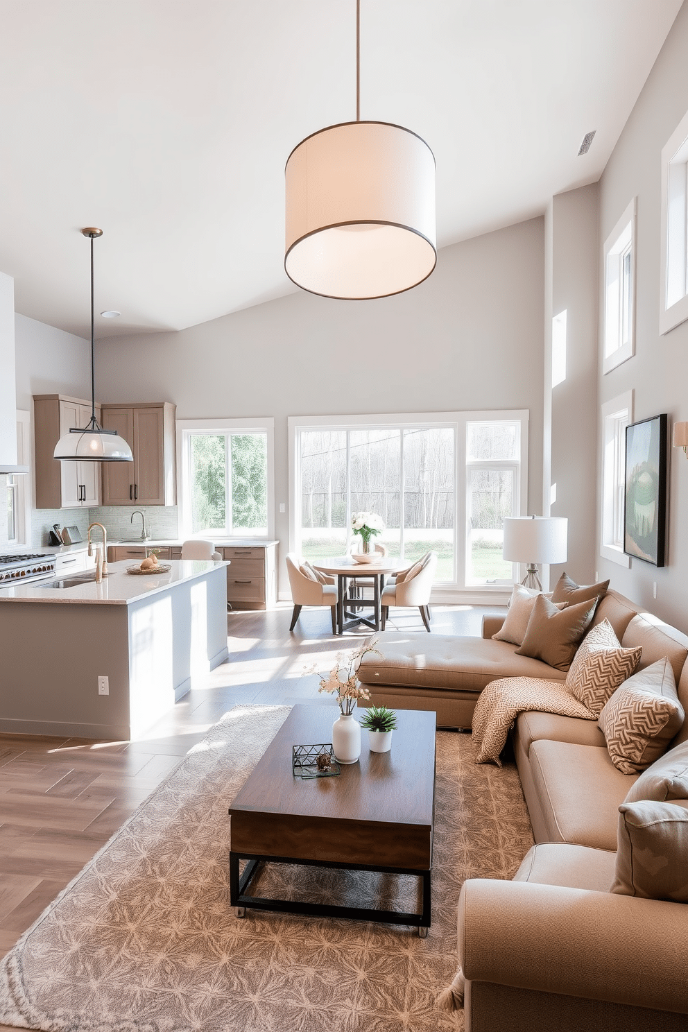 An inviting kitchen and family room combo featuring an open layout that promotes easy movement. The kitchen showcases a large island with bar seating, complemented by sleek cabinetry and modern appliances, while the family room offers a cozy seating arrangement centered around a stylish coffee table. Natural light floods the space through expansive windows, highlighting a warm color palette of soft grays and earthy tones. Decorative elements include a statement pendant light above the island and plush throw pillows on the sectional sofa, creating a harmonious and functional living area.