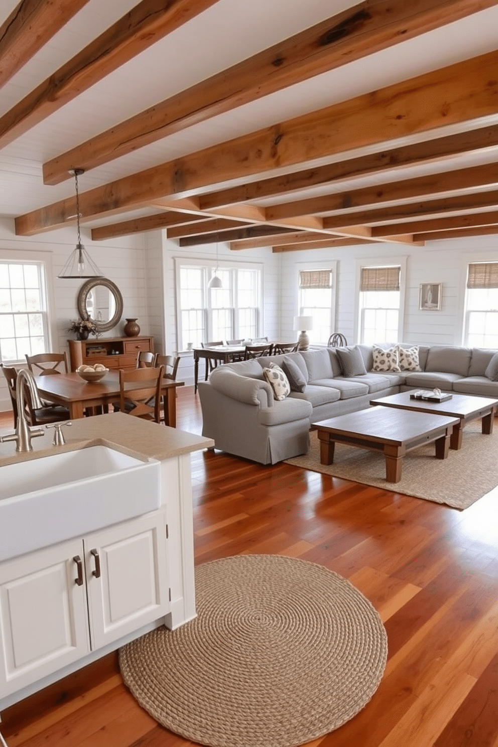 A cozy kitchen family room combo featuring a large farmhouse sink with an apron front, complemented by brushed nickel fixtures. The open space includes a rustic wooden dining table surrounded by mismatched chairs, with a backdrop of white shiplap walls and exposed wooden beams overhead. The living area boasts a comfortable sectional sofa adorned with soft, textured pillows, positioned around a reclaimed wood coffee table. Large windows allow natural light to flood the space, while a woven area rug adds warmth and texture to the hardwood floor.