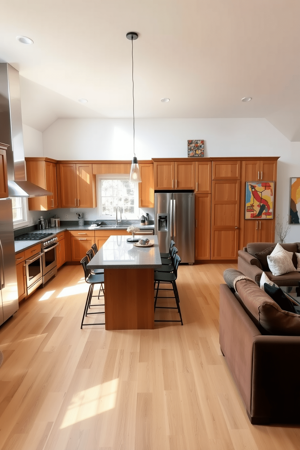 A modern kitchen family room combo featuring a blend of warm wooden cabinetry and sleek stainless steel appliances. The open layout includes a large island with a waterfall countertop, surrounded by comfortable bar stools, while a cozy seating area with a plush sectional is positioned nearby. Natural light floods the space through large windows, highlighting the contrast between the light wood floors and the darker metal accents. Decorative elements include vibrant artwork on the walls and stylish pendant lights hanging above the island, creating an inviting atmosphere for family gatherings.