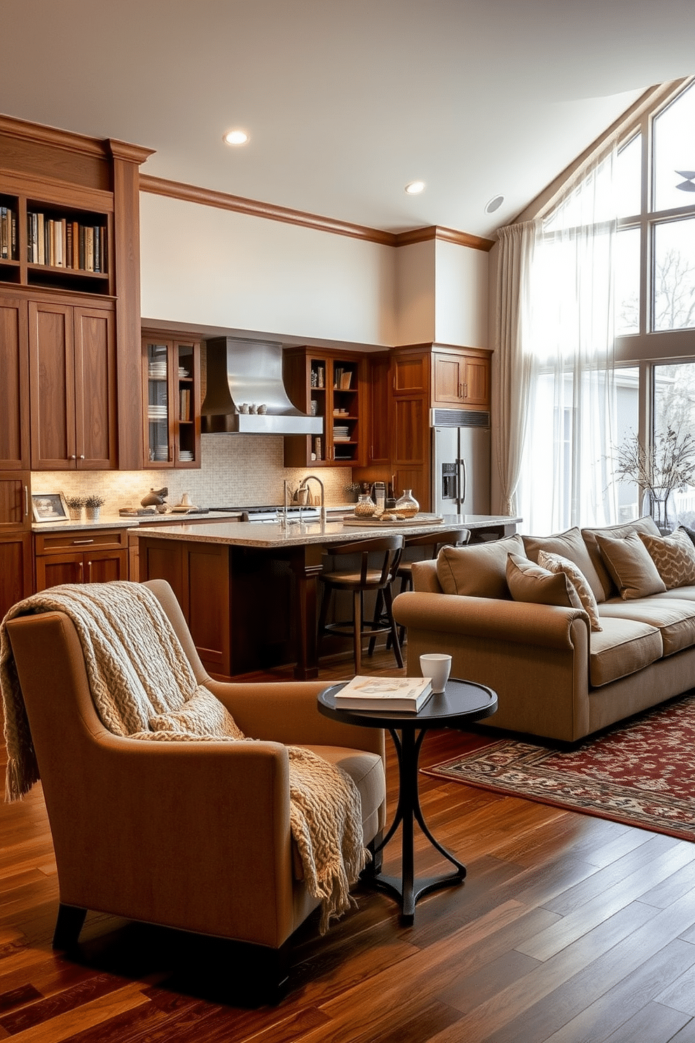 A cozy reading nook area. A plush armchair is positioned in the corner, draped with a soft knit blanket, next to a small side table holding a steaming cup of tea and a stack of books. The walls are lined with built-in bookshelves filled with an array of novels and decorative items. A large window lets in natural light, adorned with sheer curtains that flutter gently in the breeze, creating an inviting atmosphere. Kitchen Family Room Combo Design Ideas. The kitchen features a large island with bar stools, seamlessly connecting to the family room, which is anchored by a comfortable sectional sofa. Warm wood cabinetry and stainless steel appliances complement the open layout, while a stylish area rug defines the family room space, creating a cozy gathering spot for family and friends.