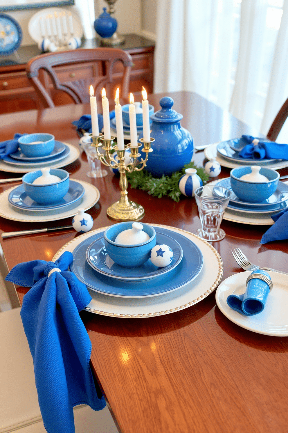 A festive blue and white tableware display is elegantly arranged on a polished wooden dining table. Delicate menorahs and dreidels are artfully placed among the dishes, enhancing the celebratory atmosphere of Hanukkah. The table is adorned with a crisp white tablecloth, while vibrant blue napkins are neatly folded at each place setting. Soft candlelight flickers from the menorah, casting a warm glow over the beautifully coordinated tableware.