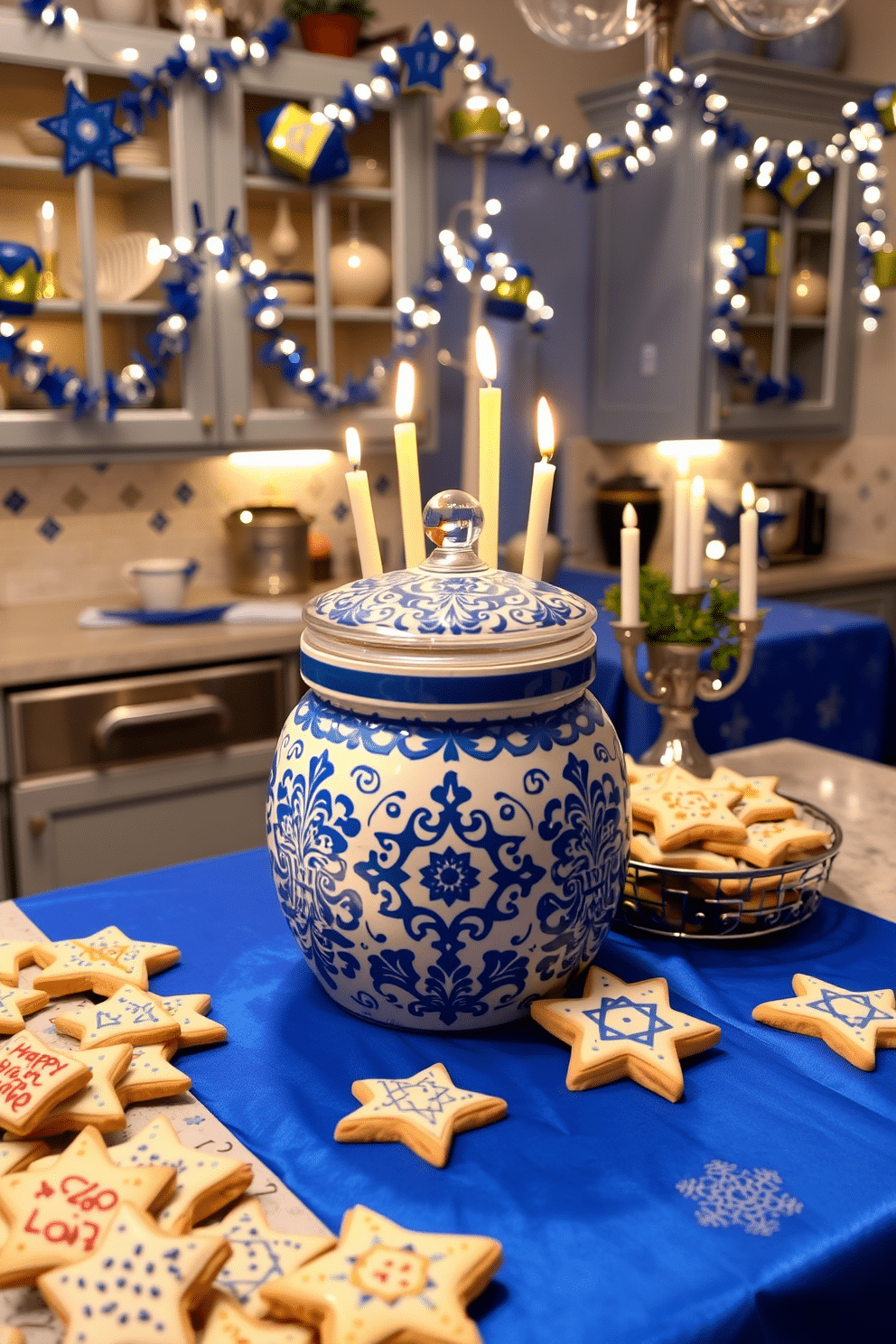 A beautifully designed Hanukkah cookie jar sits on the kitchen counter, adorned with intricate blue and white patterns reminiscent of traditional menorahs. Surrounding the jar are an array of festive treats, including star-shaped cookies decorated with icing and sprinkles, creating a cheerful and inviting atmosphere. The kitchen is elegantly decorated for Hanukkah, featuring a vibrant blue tablecloth with silver accents and a centerpiece of menorah candles. Festive garlands of dreidels and stars hang from the cabinets, while a warm glow from string lights adds a cozy touch to the space.