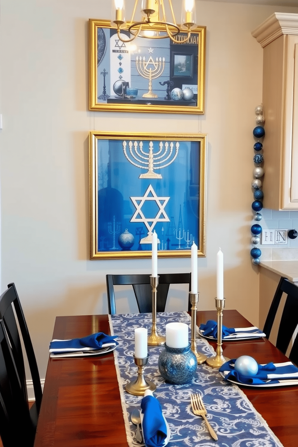 Wall art featuring Hanukkah symbols creates a festive atmosphere, combining traditional elements with modern design. The artwork showcases a blend of blues and silvers, incorporating motifs like menorahs, dreidels, and star of David, framed in elegant gold. For kitchen Hanukkah decorating ideas, consider hanging garlands of blue and silver ornaments across the cabinets. Accent the dining table with a beautiful runner adorned with menorah patterns, complemented by matching napkins and candle holders for a cohesive look.