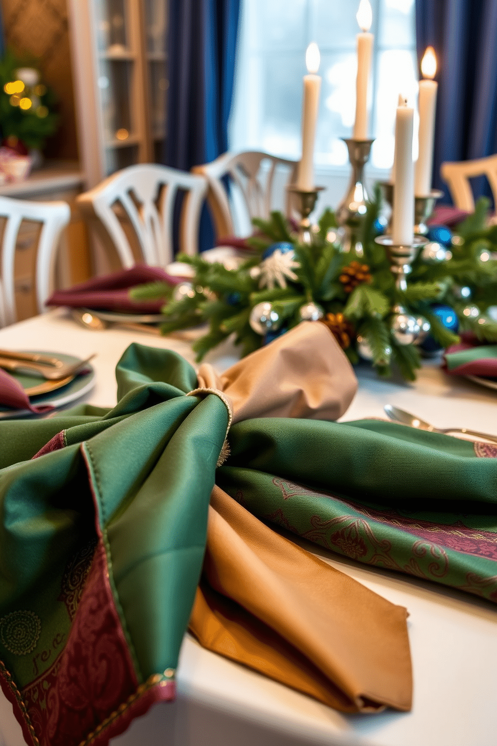 Layered fabric napkins in rich holiday colors are elegantly arranged on a beautifully set dining table. The napkins feature intricate patterns and textures, adding depth to the festive atmosphere. The table is adorned with shimmering silver and blue accents, reflecting the spirit of Hanukkah. A centerpiece of fresh greenery and candles creates a warm and inviting ambiance for holiday gatherings.