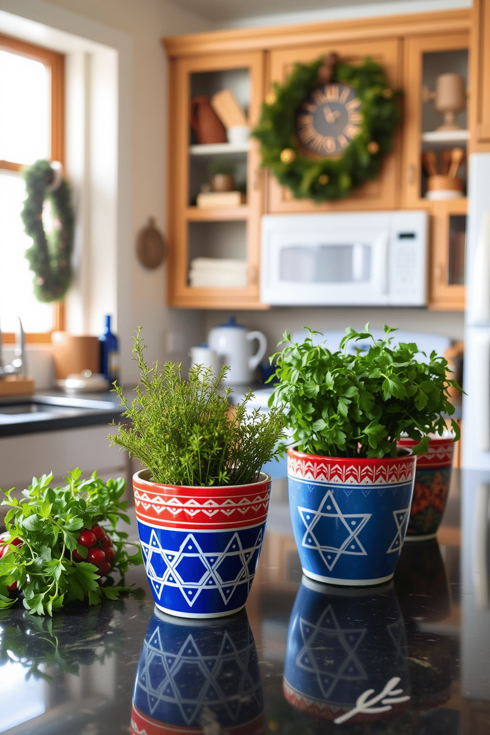 A cozy kitchen adorned for Hanukkah, featuring potted herbs in decorative Hanukkah-themed pots. The pots are vibrant and intricately designed, adding a festive touch to the warm, inviting atmosphere of the kitchen.