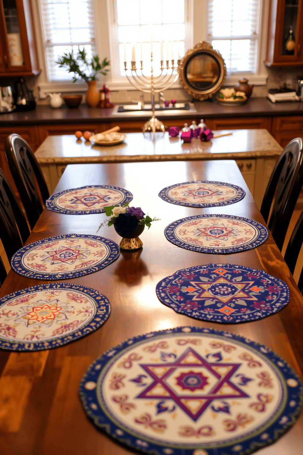 Festive placemats adorned with traditional motifs are beautifully arranged on a polished wooden dining table. The vibrant colors and intricate designs create a warm and inviting atmosphere, perfect for celebrating Hanukkah with family and friends. In the background, elegant menorahs and decorative dreidels complement the festive setting. Soft, ambient lighting enhances the charm of the decor, making the kitchen a cozy gathering space during the holiday season.