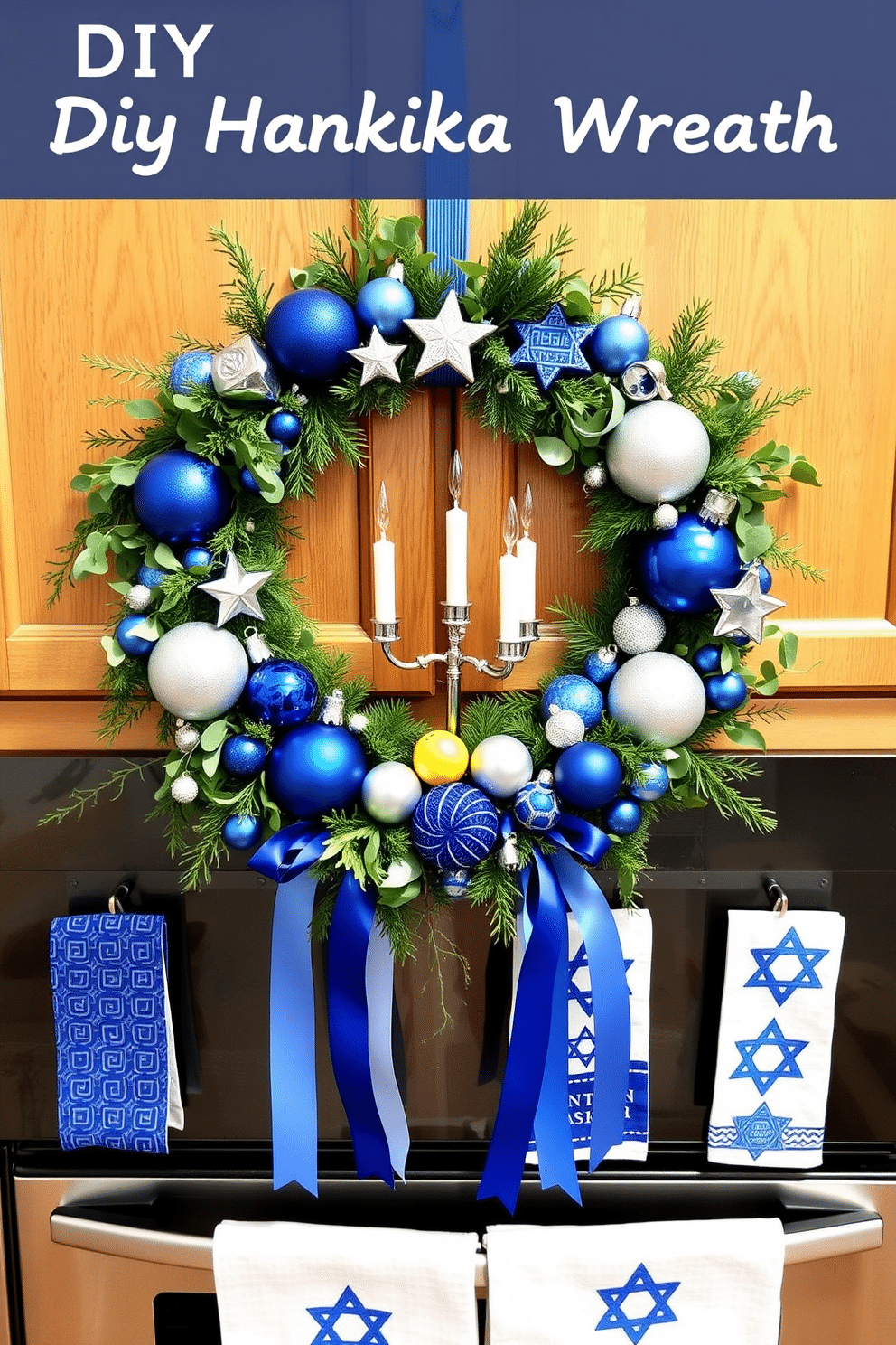 A DIY Hanukkah wreath for the kitchen door features a circular base adorned with blue and silver ornaments, including stars of David and dreidels. Fresh greenery, such as eucalyptus and pine, adds a festive touch, while ribbons in shades of blue cascade from the bottom. For kitchen Hanukkah decorating ideas, consider a table centerpiece that combines a menorah with seasonal fruits and candles. Hang blue and white garlands along the kitchen cabinets, and place decorative dish towels featuring Hanukkah motifs on the oven handle.