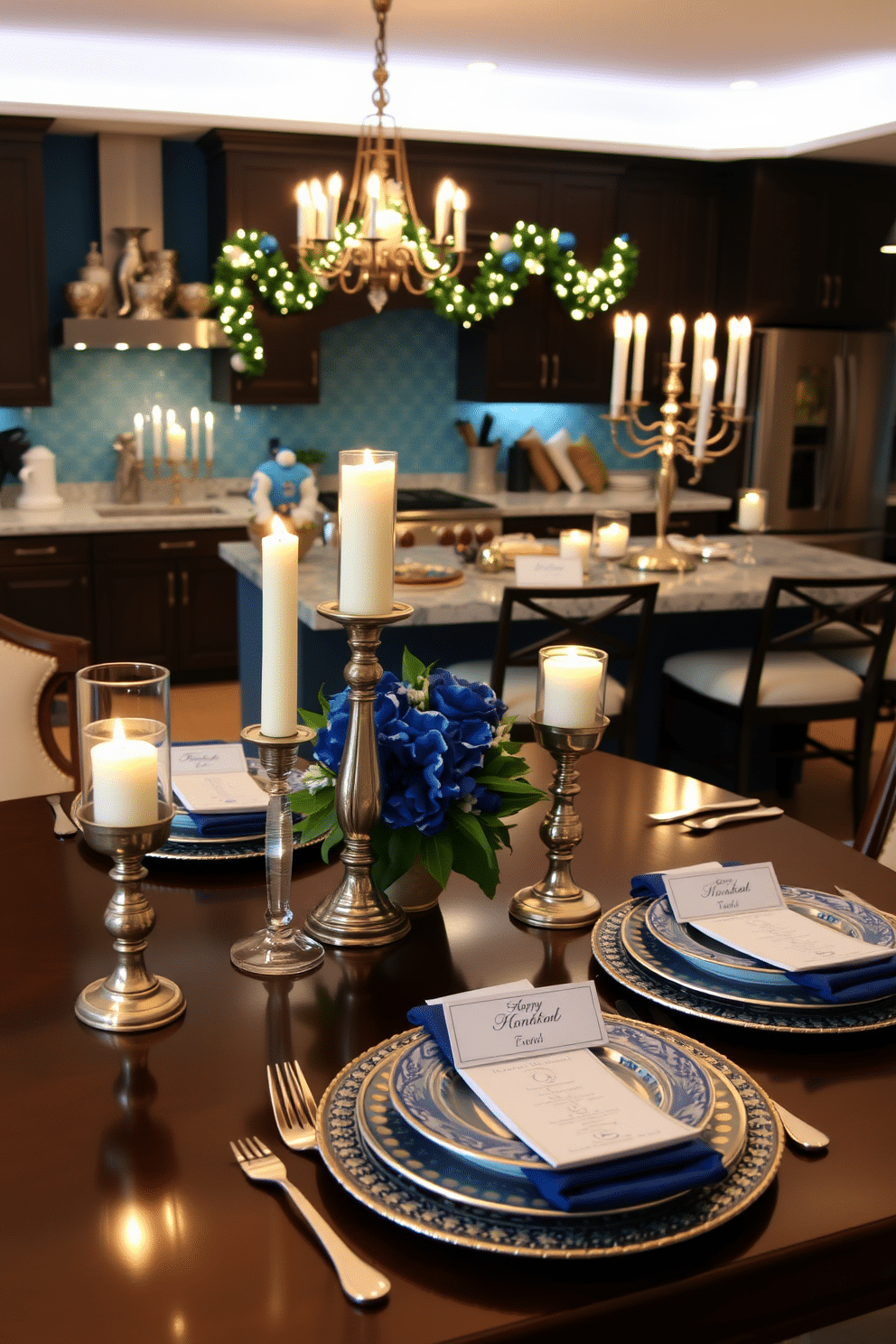 A beautifully arranged table setting features elegant dinnerware with intricate patterns, complemented by personalized place cards elegantly displayed at each setting. Soft candlelight flickers from stylish candlesticks, creating an inviting atmosphere for guests. The kitchen is adorned with festive Hanukkah decorations, including a vibrant blue and silver color scheme. Menorahs and dreidels are tastefully arranged on the countertops, while garlands of lights add a warm glow to the space.