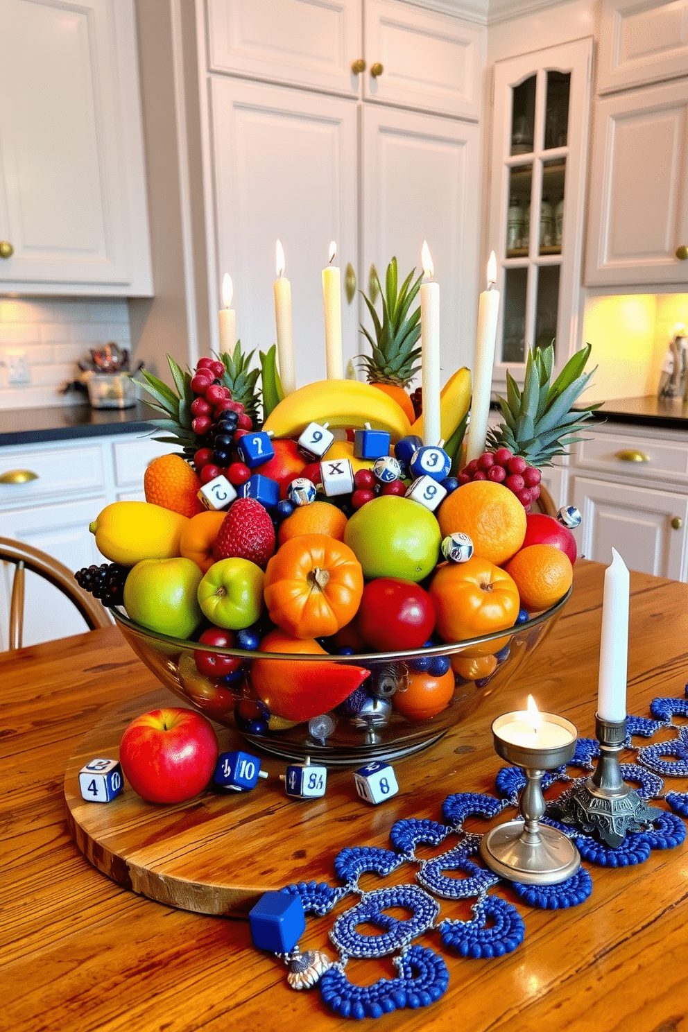 A creative fruit bowl filled with vibrant seasonal fruits, accented with playful dreidels scattered among the produce. The bowl is placed on a rustic wooden table, surrounded by soft, warm lighting that enhances the festive atmosphere of the kitchen. Incorporate Hanukkah-themed decorations, such as blue and silver table runners, and decorative candles arranged artfully around the fruit bowl. The kitchen features a backdrop of white cabinetry adorned with subtle gold handles, creating an elegant yet festive space for holiday gatherings.