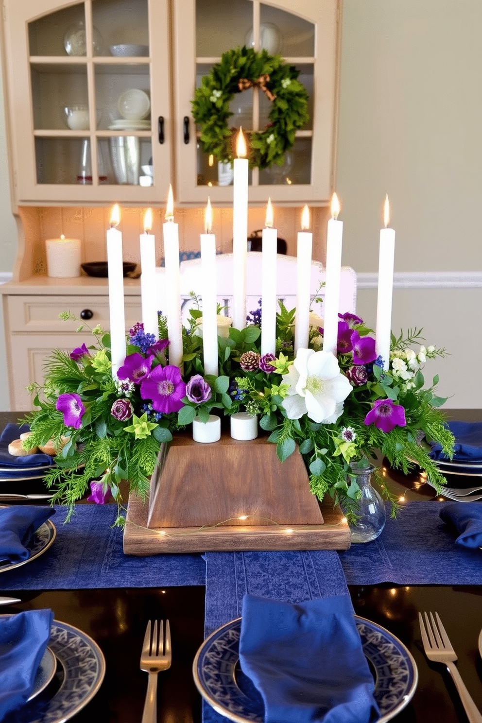 A DIY menorah centerpiece featuring a rustic wooden base adorned with fresh greenery and vibrant seasonal flowers. The arrangement includes small white candles nestled among the foliage, creating a warm and inviting atmosphere for the Hanukkah celebration. For kitchen Hanukkah decorating ideas, consider a festive table setting with blue and silver accents, complemented by a beautiful table runner. Incorporate decorative platters of traditional foods alongside twinkling fairy lights to enhance the celebratory mood.