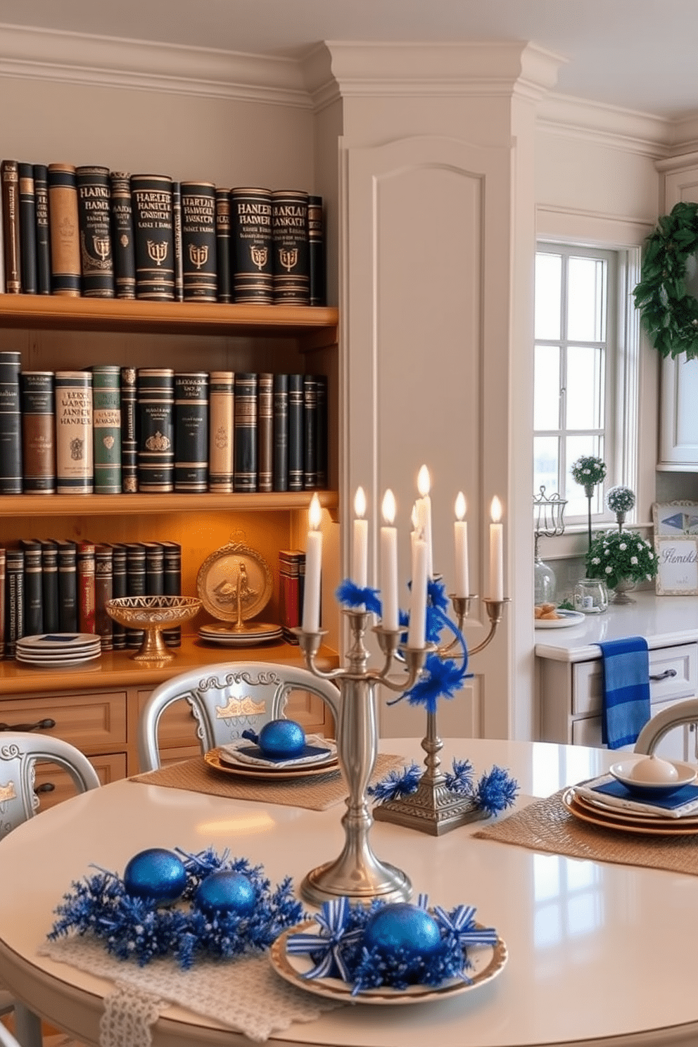 Vintage Hanukkah books elegantly arranged on wooden shelves, showcasing their colorful spines and intricate covers. Soft, warm lighting highlights the textures of the books, creating a cozy and inviting atmosphere. A beautifully decorated kitchen adorned with festive Hanukkah elements, including a menorah centerpiece on the dining table. The countertops are accented with blue and silver decorations, while traditional dishes and treats are artfully displayed throughout the space.