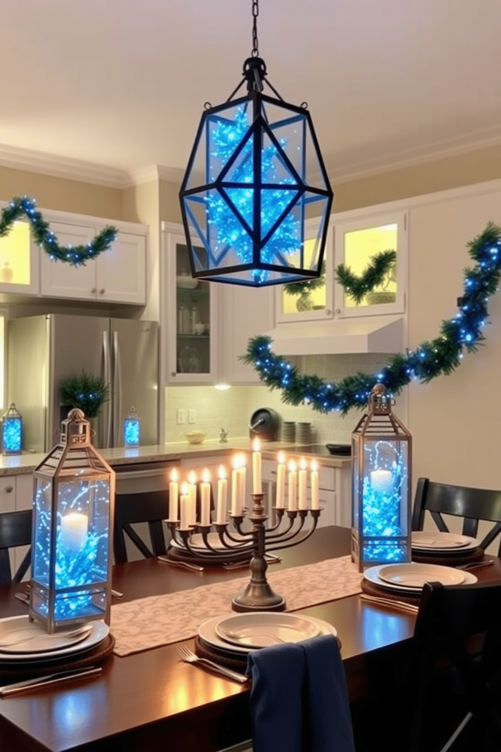 Decorative lanterns with blue LED lights create a festive atmosphere, casting a soft, enchanting glow throughout the space. These lanterns can be arranged on tabletops or hung from ceilings, adding a touch of elegance and warmth to your Hanukkah celebrations. For a kitchen adorned for Hanukkah, consider incorporating traditional elements such as a menorah centerpiece on the dining table. Complement the decor with blue and white tableware, and hang decorative garlands that reflect the holiday's spirit, enhancing the overall festive ambiance.