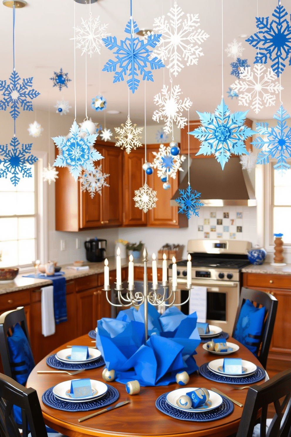 A festive kitchen adorned with unique hanging paper snowflakes, each intricately designed with various patterns and colors, creating a whimsical atmosphere. The snowflakes are suspended from the ceiling, catching the light and adding a playful touch to the space. The kitchen features a traditional Hanukkah theme, with a beautifully arranged table set for a family gathering. Blue and silver accents dominate the decor, complemented by a menorah centerpiece and decorative dreidels scattered across the table.