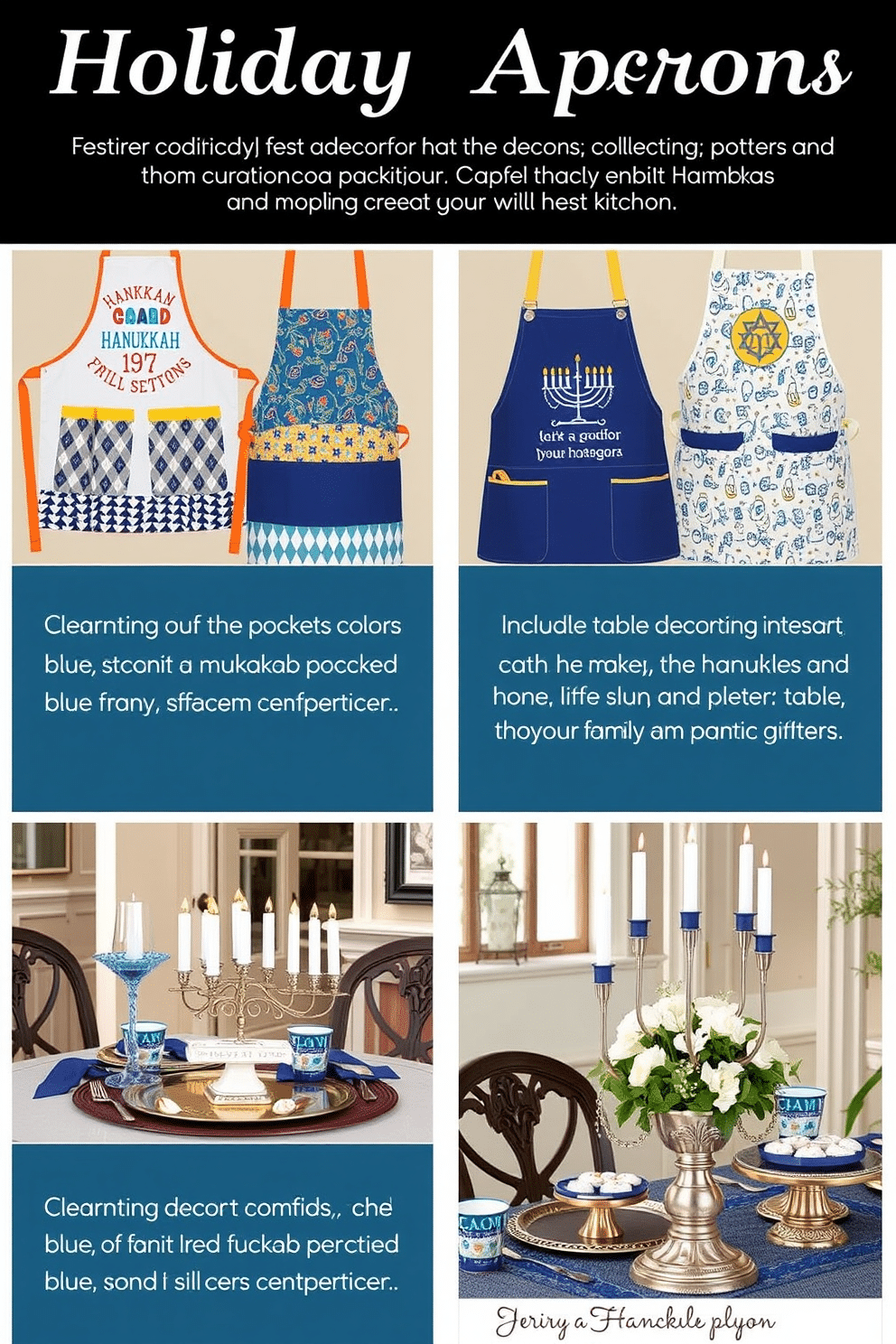 A collection of festive aprons designed for holiday cooking sessions, featuring vibrant colors and playful patterns that celebrate the season. Each apron includes functional pockets and adjustable straps for comfort, perfect for creating joyful memories in the kitchen. Charming Hanukkah decorating ideas that incorporate traditional symbols and colors, such as blue and silver accents. The decor includes elegant table settings with menorahs, dreidels, and themed centerpieces to create a warm and inviting atmosphere for family gatherings.