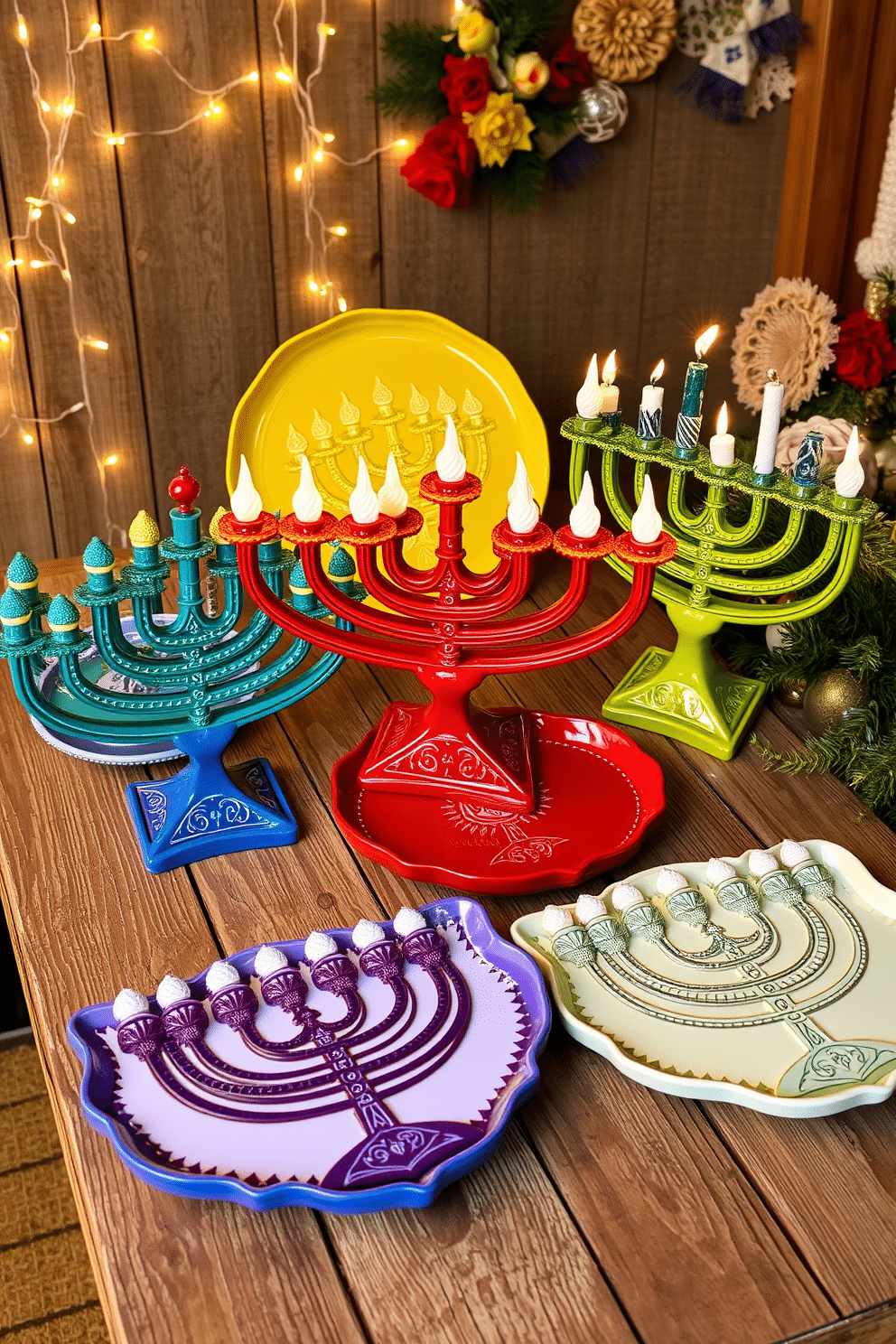 A vibrant display of menorah-shaped serving platters in assorted colors, each intricately designed with traditional motifs. The platters are arranged on a rustic wooden table, surrounded by twinkling fairy lights and festive decorations that evoke the spirit of Hanukkah.