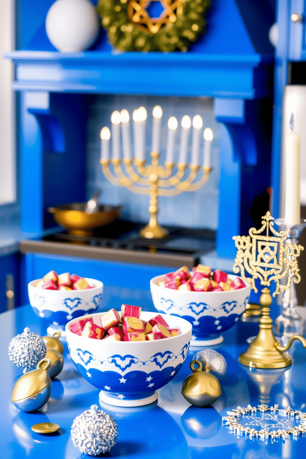 A festive kitchen adorned for Hanukkah features a bright blue and white color scheme, with decorative bowls filled with gelt chocolates positioned on the countertop. Surrounding the bowls are shimmering silver and gold accents, including menorahs and dreidels, creating a warm and inviting atmosphere for family gatherings.