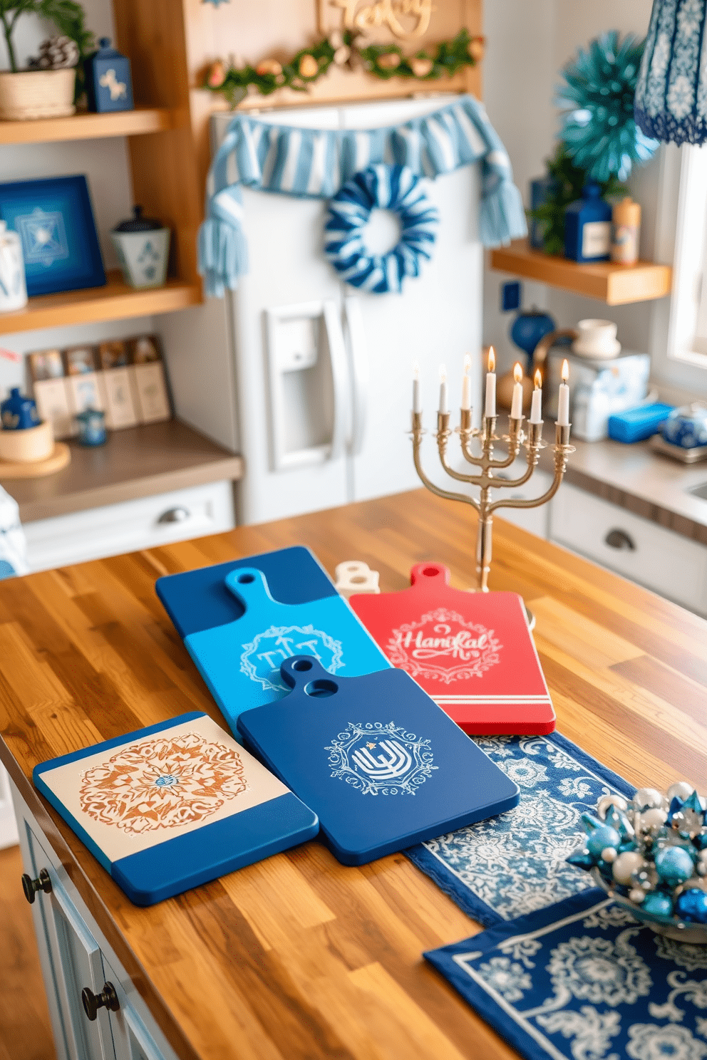 A festive kitchen scene showcasing beautifully designed holiday-themed cutting boards arranged on a wooden countertop. The cutting boards feature intricate designs and vibrant colors, adding a touch of cheer to the space. Incorporate elements of Hanukkah into the decor, with blue and silver accents adorning the kitchen. A menorah sits prominently on the counter, surrounded by decorative dreidels and a festive table runner.