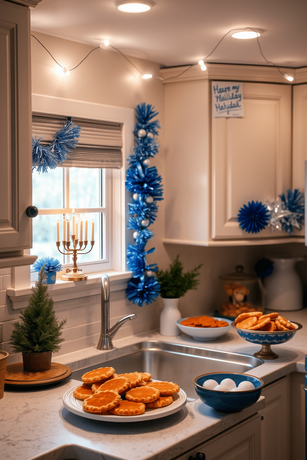 A charming kitchen scene adorned for Hanukkah. A miniature hanukkiah sits on the windowsill, glowing warmly with lit candles, while festive blue and silver decorations hang from the cabinets. The countertops are decorated with traditional foods, including a platter of freshly made latkes and a bowl of sufganiyot. Soft white lights twinkle above, creating a cozy and inviting atmosphere for holiday gatherings.