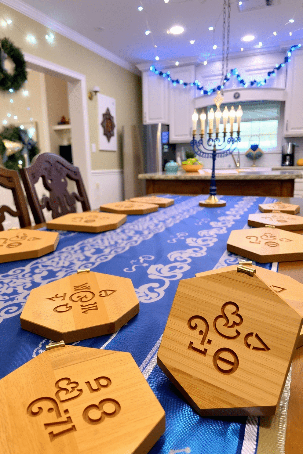 A set of dreidel-shaped coasters made from polished wood, featuring intricate carvings of traditional Hanukkah symbols. These coasters are arranged on a beautifully set dining table, adorned with a festive blue and silver tablecloth, creating a warm and inviting atmosphere for holiday gatherings. The kitchen is decorated with cheerful Hanukkah-themed accents, including a vibrant menorah as a centerpiece on the countertop. String lights in shades of blue and white hang above, illuminating the space and enhancing the celebratory feel of the season.