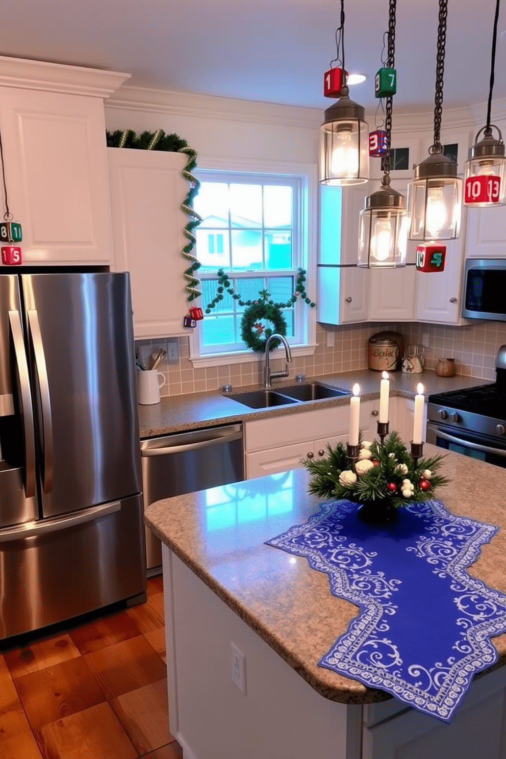 A festive kitchen adorned for Hanukkah features vibrant hanging dreidel garlands draped gracefully above the kitchen island. The island is decorated with a beautiful blue table runner, accentuating the holiday spirit and creating a warm, inviting atmosphere.