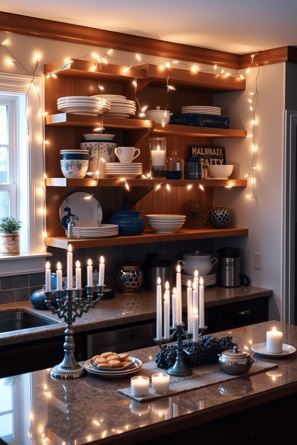 A cozy kitchen adorned for Hanukkah, featuring light strings elegantly wrapped around open wooden shelves filled with festive dishware and decorative items. The warm glow of the lights enhances the rich blue and silver color palette, while a menorah sits prominently on the countertop, surrounded by traditional treats and candles.