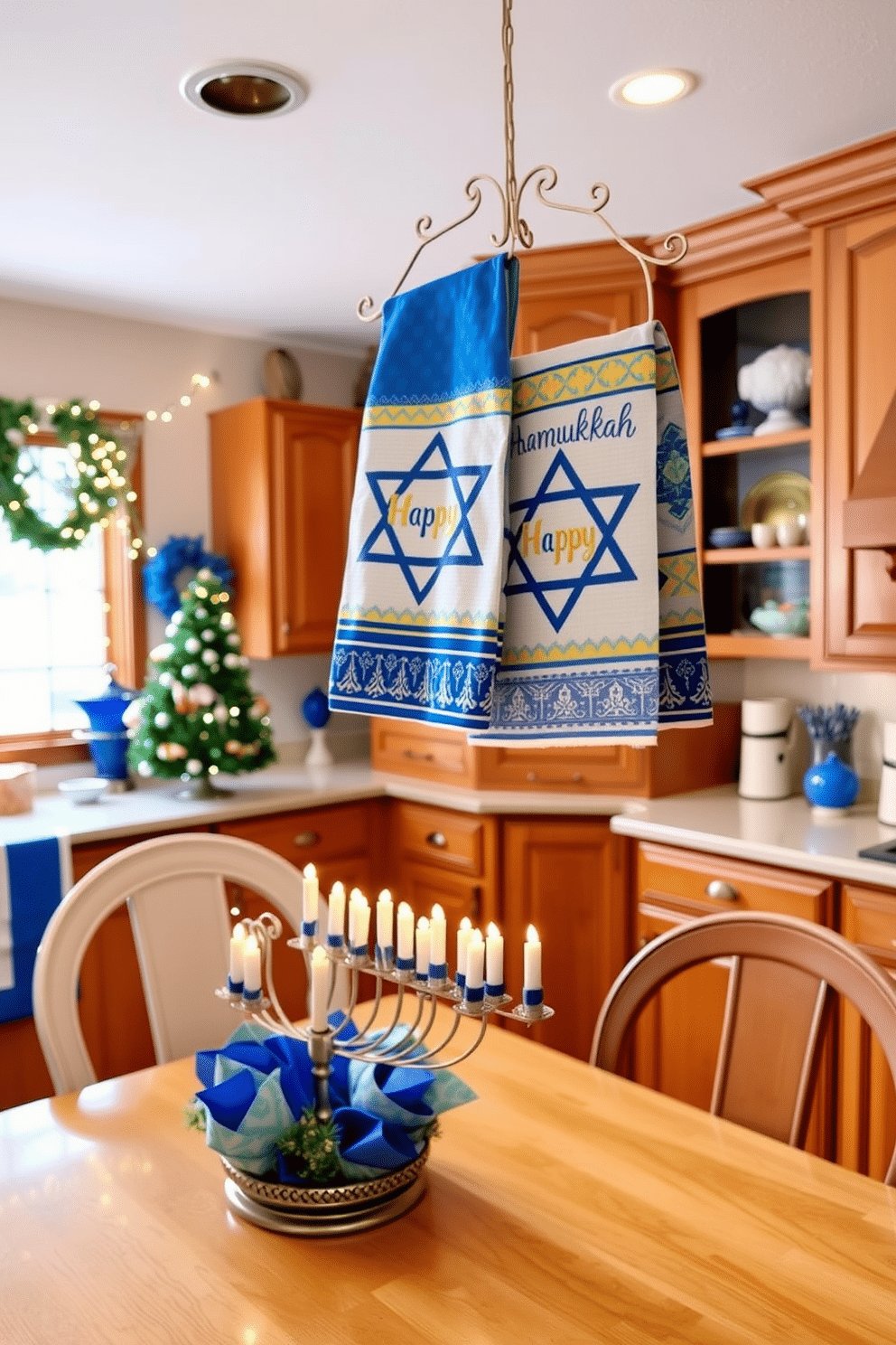 Decorative Hanukkah-themed dish towels hang cheerfully in a bright kitchen, featuring vibrant blue and gold patterns that celebrate the festival of lights. The towels are neatly arranged on a stylish rack, adding a festive touch to the space while complementing the warm wood cabinetry. The kitchen is adorned with tasteful Hanukkah decorations, including a beautiful menorah centerpiece on the dining table and blue and silver accents throughout. Twinkling fairy lights drape across the windows, creating a cozy atmosphere for family gatherings during the holiday season.