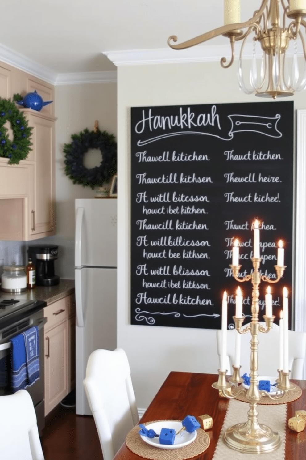 A charming kitchen adorned for Hanukkah, featuring a large chalkboard sign displaying beautifully handwritten blessings in white chalk. The space is filled with festive decorations, including blue and silver accents, and a table set with traditional menorah and dreidels, creating a warm and inviting atmosphere.