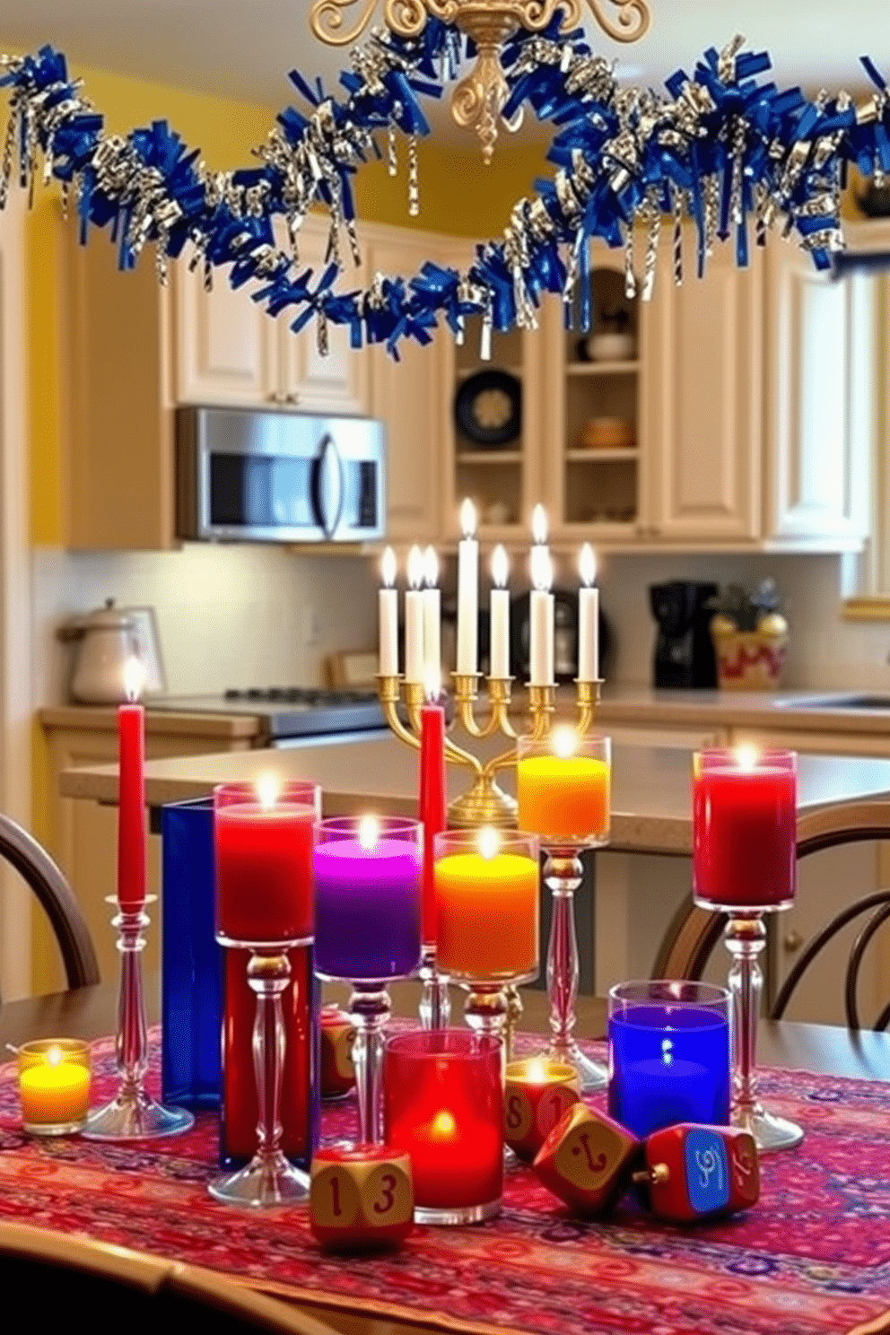 Brightly colored candles in glass holders are arranged on a festive table, creating a warm and inviting atmosphere. The flickering candlelight reflects off the glass, enhancing the vibrant hues of red, blue, and gold. For Hanukkah decorating ideas, the kitchen is adorned with a beautiful menorah placed on the countertop, surrounded by traditional dreidels. Strings of blue and silver garlands hang above, adding a touch of elegance to the space while celebrating the holiday spirit.