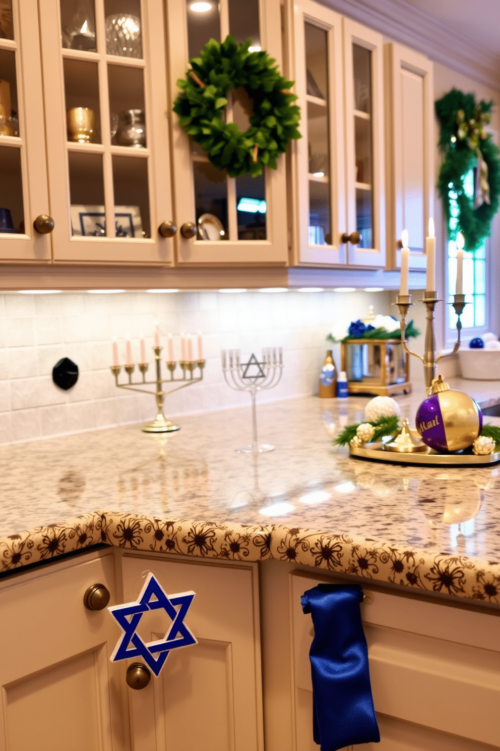 A festive kitchen adorned with Star of David ornaments on the cabinet knobs, adding a touch of elegance and cultural significance. The countertops are decorated with traditional Hanukkah items, such as a menorah and a decorative dreidel, creating a warm and inviting atmosphere for holiday celebrations.