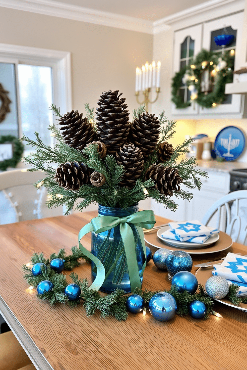 A winter-themed vase filled with pinecones sits elegantly on a rustic wooden table, surrounded by soft white fairy lights that create a warm glow. The vase is adorned with a delicate ribbon in shades of deep green, complementing the natural textures of the pinecones and adding a festive touch. For Hanukkah, the kitchen is adorned with blue and silver decorations, featuring a beautifully arranged table setting with a menorah at the center. Festive dishware, including star-shaped plates and shimmering napkin holders, enhances the celebratory atmosphere while a garland of blue and silver ornaments drapes gracefully along the countertop.