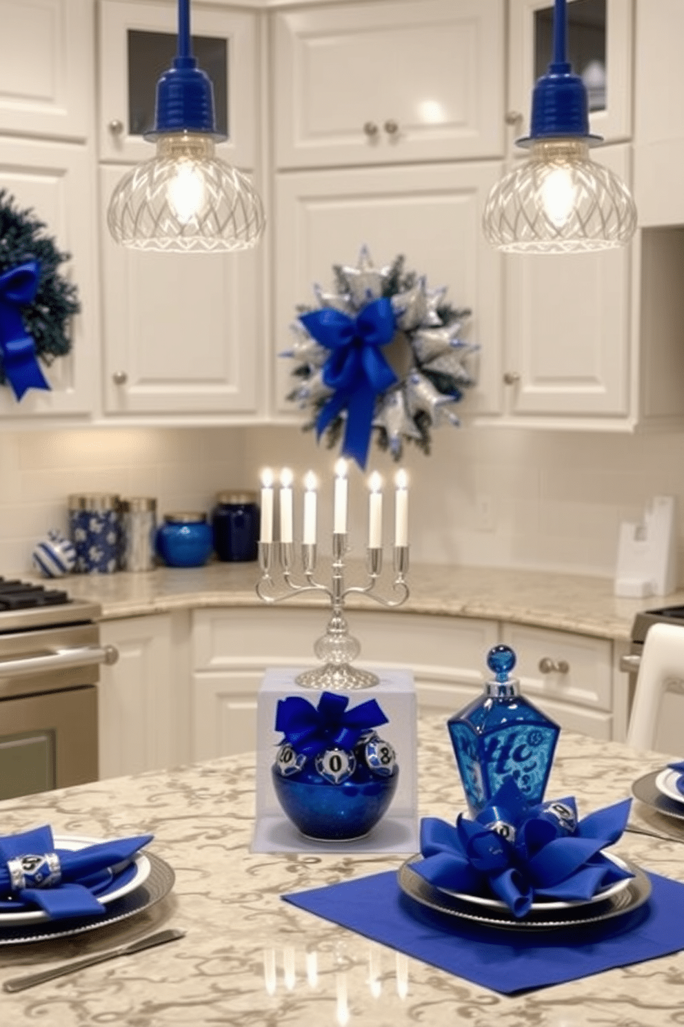 A beautifully decorated kitchen for Hanukkah features a lighted menorah prominently displayed on the counter, surrounded by festive decorations. The countertops are adorned with blue and silver accents, including traditional dreidels and elegant tableware that enhance the holiday spirit.