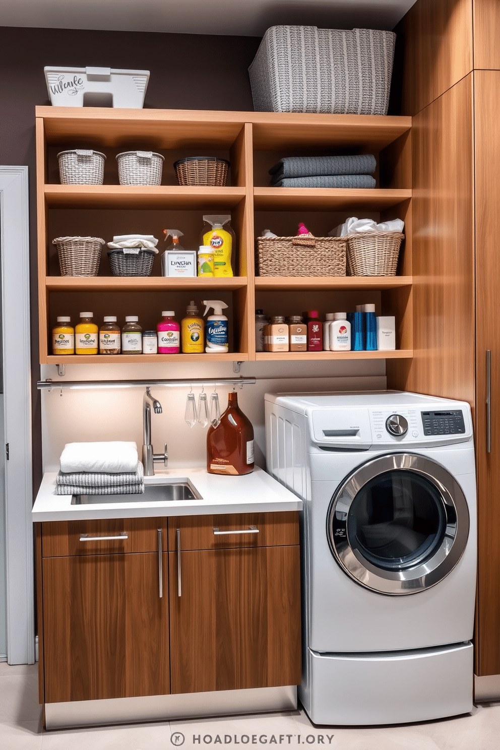 A stylish kitchen laundry room featuring open shelving for laundry essentials. The shelves are filled with neatly arranged baskets, jars, and colorful detergents, creating an organized yet inviting atmosphere. The space includes a sleek countertop for folding clothes, complemented by a modern washing machine and dryer stacked for efficiency. Soft lighting illuminates the area, enhancing the warm tones of the cabinetry and the cheerful decor accents.