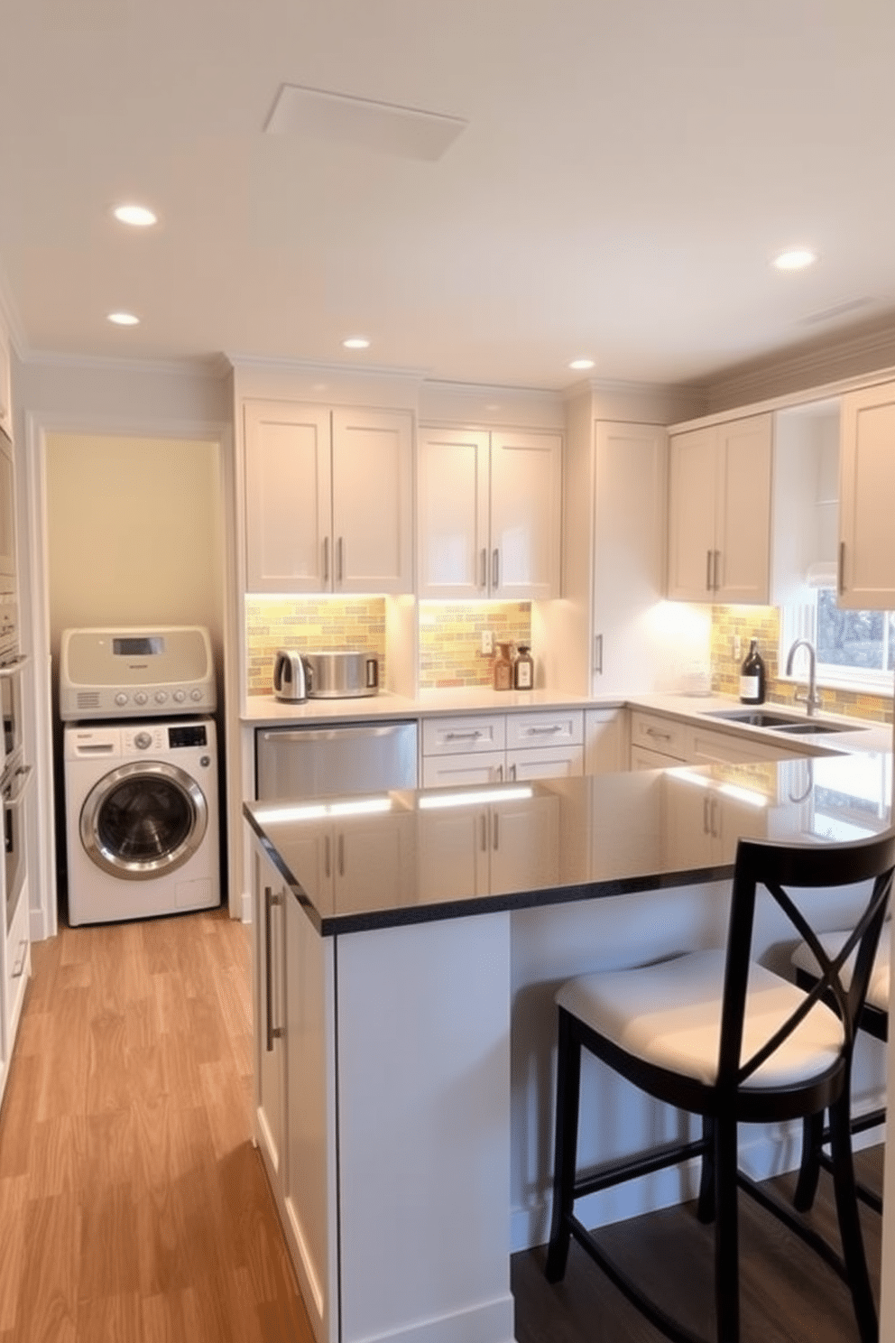 A spacious kitchen laundry room featuring a multi-functional island that serves as both a cooking and laundry area. The island includes a sleek countertop with integrated appliances and a seating area lined with stylish bar stools, creating a perfect space for casual dining and socializing. The laundry section is seamlessly integrated into the design, with a stacked washer and dryer tucked away behind cabinetry. Soft lighting illuminates the area, and a vibrant backsplash adds a pop of color, enhancing the overall aesthetic of this practical yet elegant space.