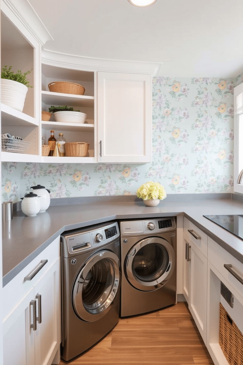 Chic wallpaper to brighten the room. The design features a lively floral pattern in soft pastels, creating a fresh and inviting atmosphere. Kitchen Laundry Room Design Ideas. The layout includes a seamless blend of cabinetry and open shelving, with a sleek countertop that accommodates both laundry tasks and kitchen prep.