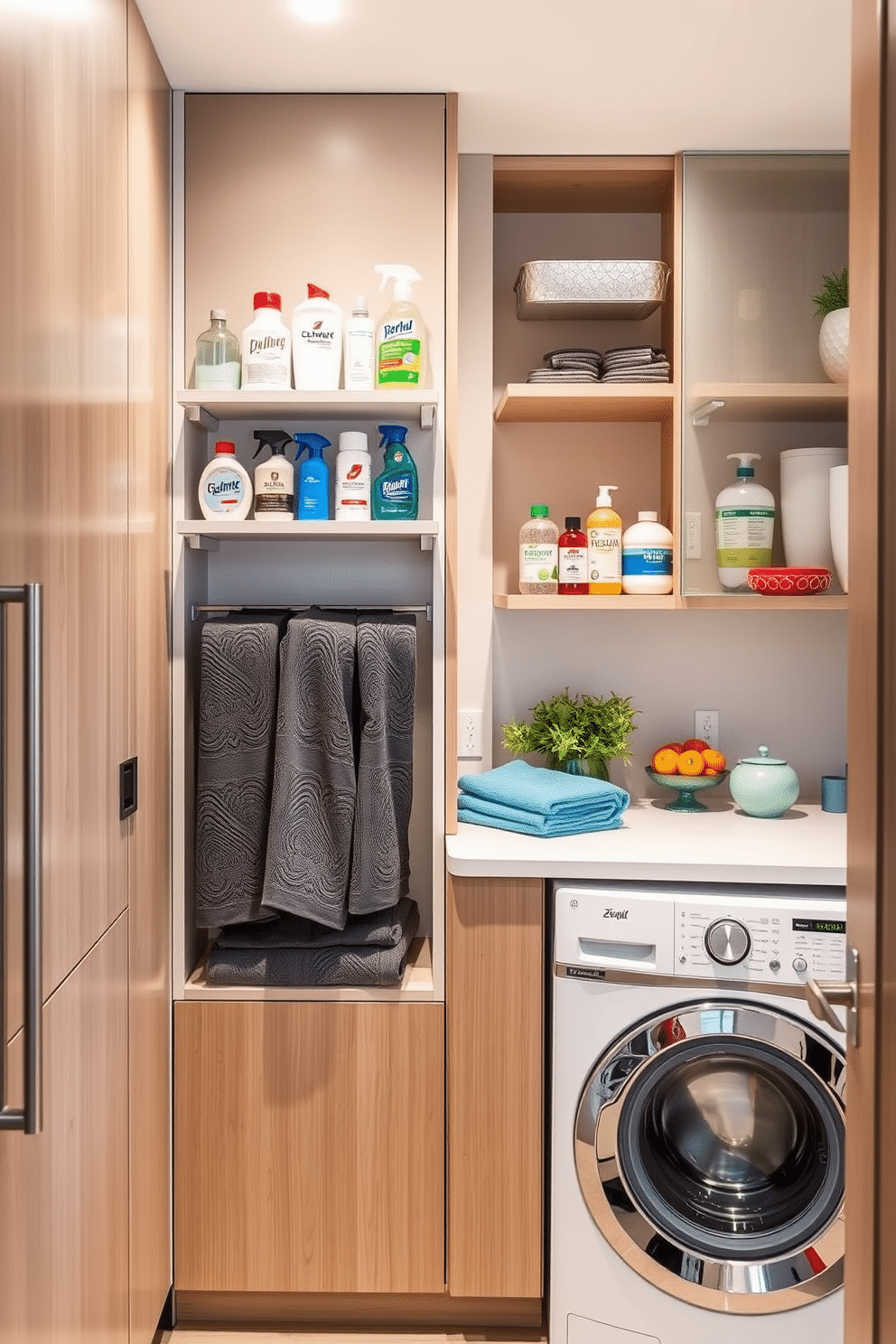 A modern kitchen laundry room features vertical storage solutions for cleaning supplies, maximizing space efficiency. Sleek shelves are mounted on the walls, neatly organizing various cleaning products in stylish containers, while a compact laundry machine is seamlessly integrated into the cabinetry. The design incorporates a functional countertop for folding laundry, with a pop of color from decorative accessories. Soft lighting illuminates the space, creating a bright and inviting atmosphere for multitasking.