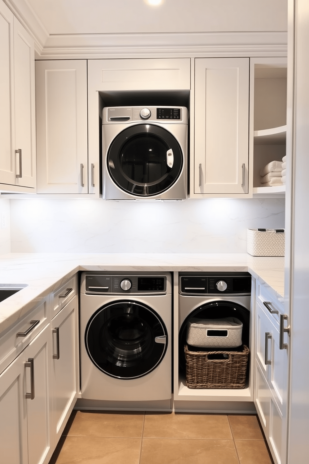 A modern kitchen laundry room featuring sleek quartz countertops that blend durability with elegant design. The space includes a stacked washer and dryer tucked away in a stylish cabinetry unit, with ample storage for laundry essentials. The countertops are complemented by minimalist cabinetry in a soft white finish, creating a bright and airy atmosphere. A small, organized folding area is incorporated, with decorative baskets for sorting laundry, enhancing both functionality and aesthetics.