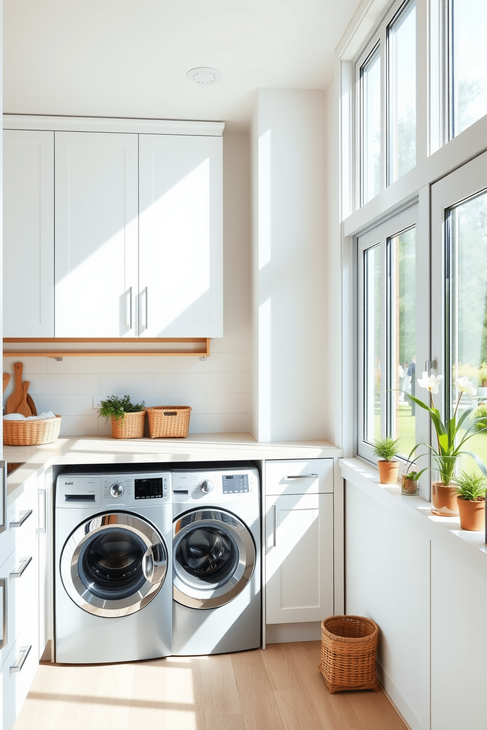 A bright and airy kitchen laundry room features sleek white cabinetry paired with natural wood accents. Large windows allow ample sunlight to flood the space, creating a warm and inviting atmosphere. The laundry area is equipped with a modern washer and dryer, tucked neatly beneath a countertop for folding clothes. Decorative baskets and potted plants add a touch of charm, enhancing the functional yet stylish design.