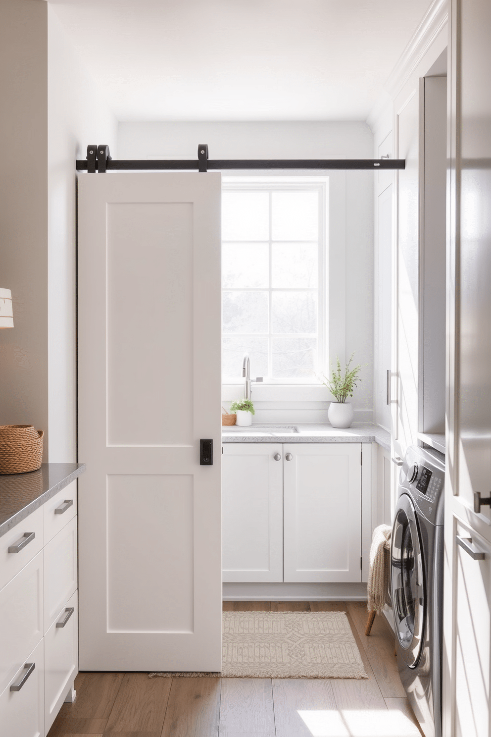 A modern kitchen laundry room featuring a sliding barn door for space-saving access. The room is designed with sleek cabinetry, a countertop for folding clothes, and a combination washer-dryer unit seamlessly integrated into the design. Natural light floods the space through a large window, illuminating the neutral color palette of whites and soft grays. Decorative elements like potted plants and stylish storage baskets add warmth and functionality to the room.