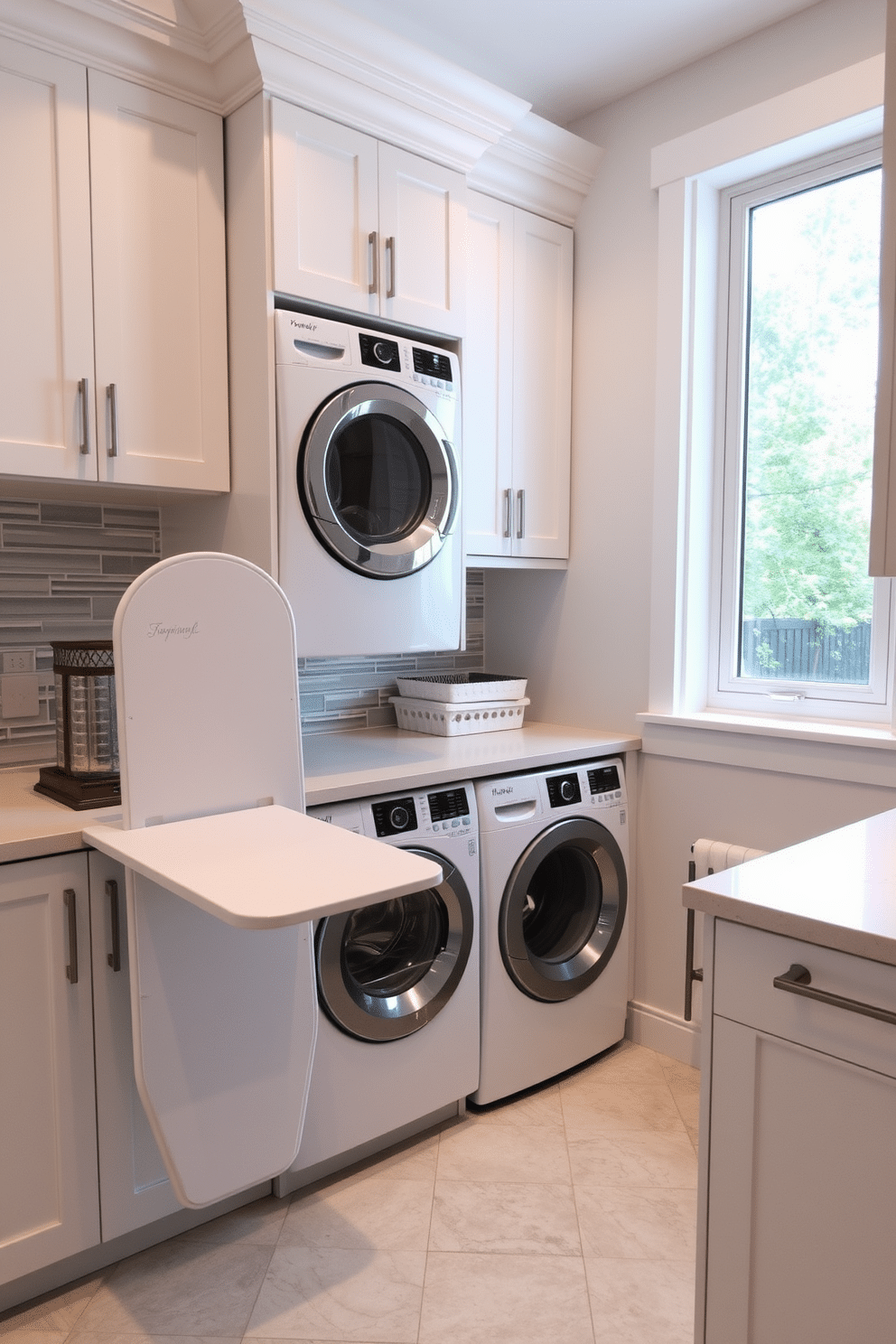 A modern kitchen laundry room featuring a built-in ironing board seamlessly integrated into the cabinetry for convenience. The space is designed with sleek, white cabinets, a spacious countertop, and stylish backsplash tiles in soft gray tones. Incorporate a front-loading washing machine and dryer stacked for efficiency, with ample storage above for laundry essentials. A small, organized area for folding clothes is included, complemented by a large window that allows natural light to brighten the room.