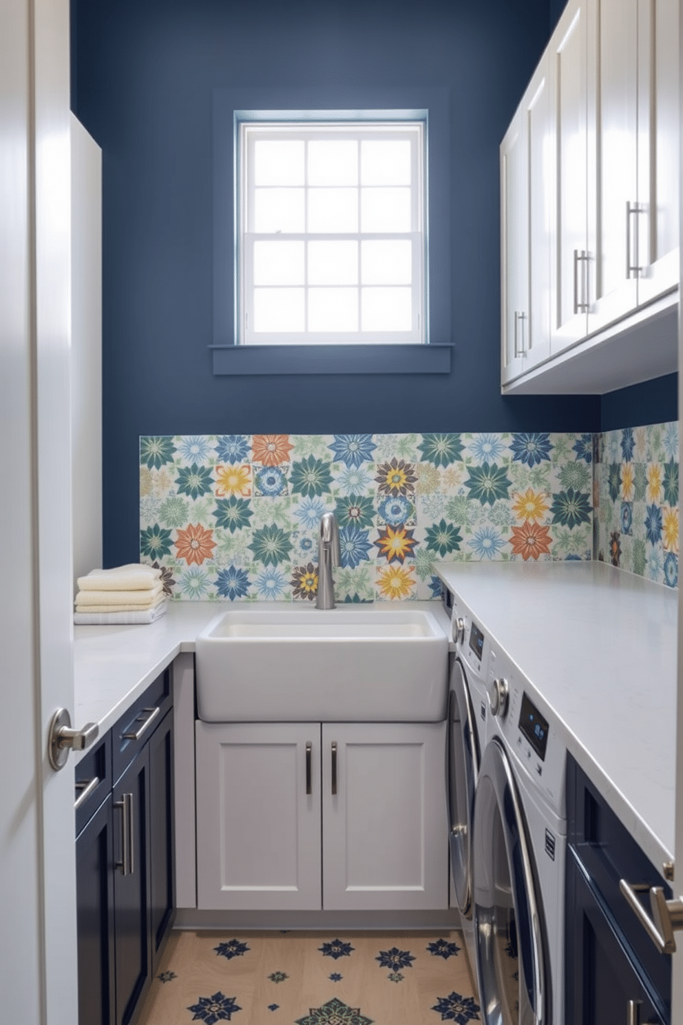 A stylish laundry room featuring a vibrant backsplash made of decorative tiles in intricate patterns. The cabinetry is sleek and modern, with a combination of white and navy blue finishes, and a spacious countertop for folding clothes. The backsplash showcases a mix of geometric and floral tiles in complementary colors, adding a pop of personality to the space. Bright, natural light floods in through a window above the sink, enhancing the cheerful atmosphere of this functional laundry room.